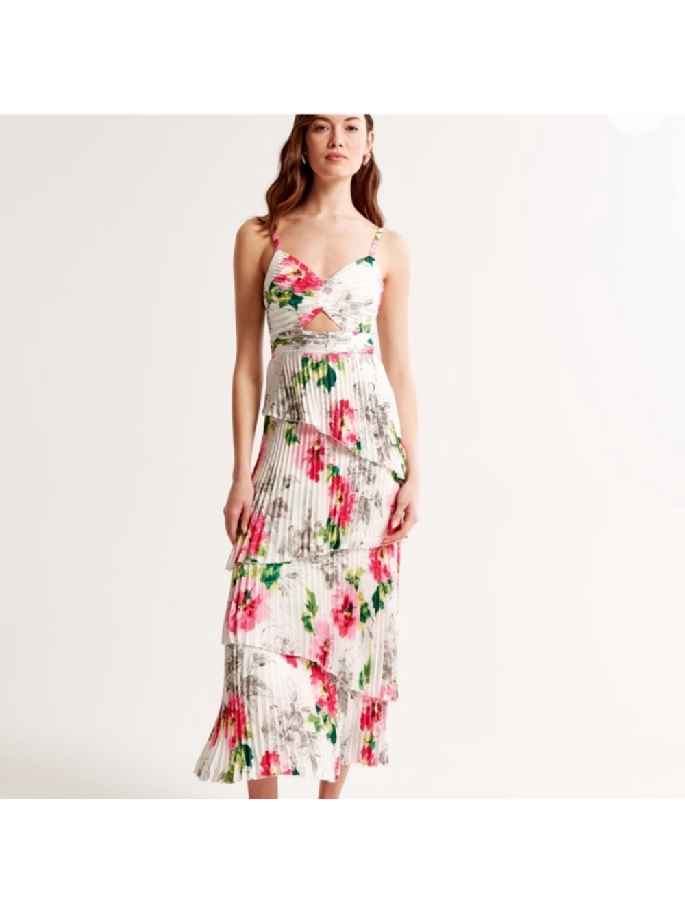 Abercrombie & Fitch White Floral Pleated Tiered Midi Dress